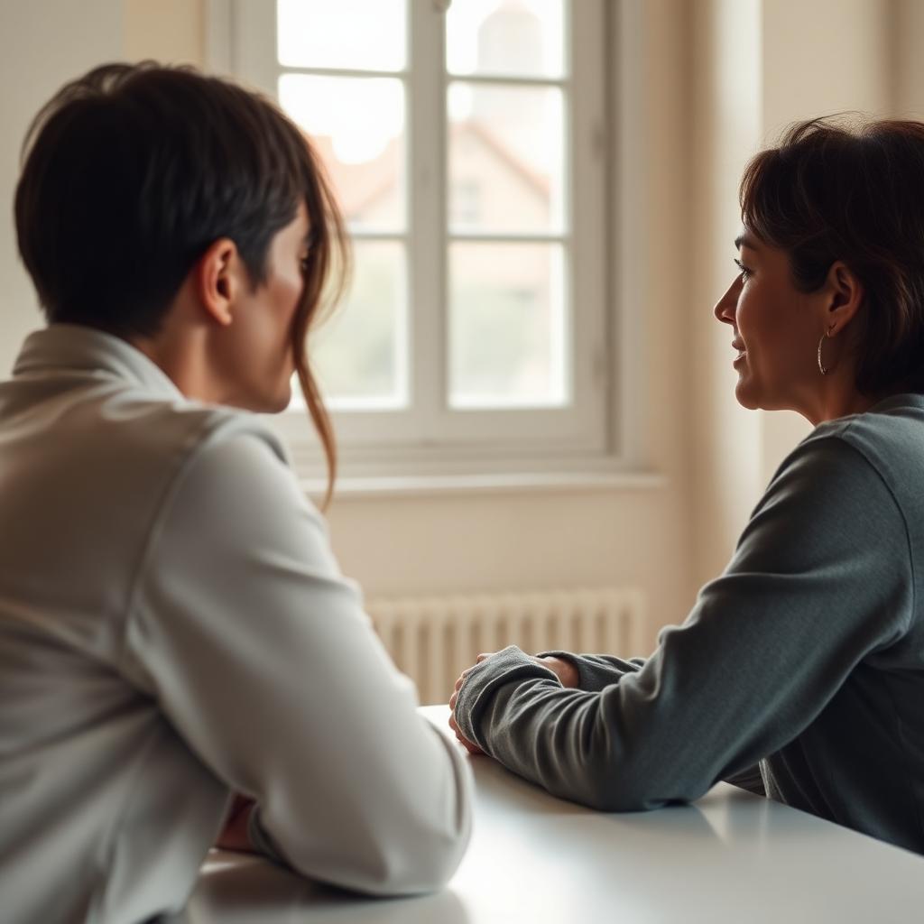 Two people in conversation across a table