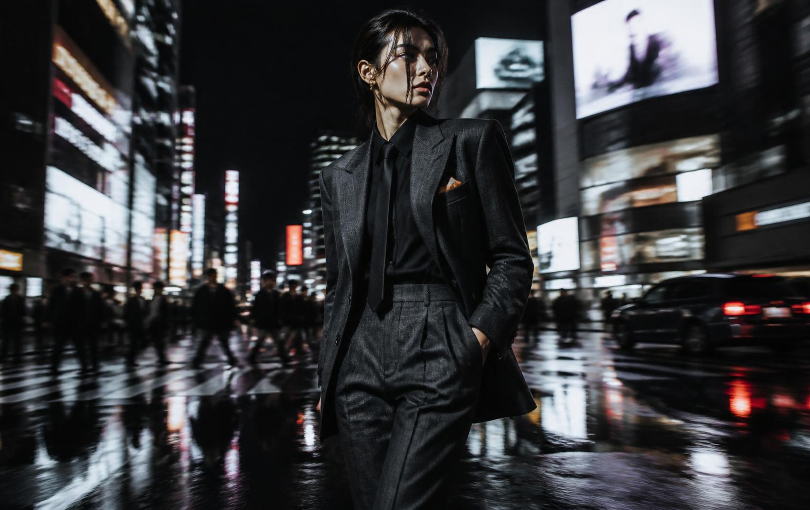 A figure walking through a rain-slick city of billboards — the medium we work in