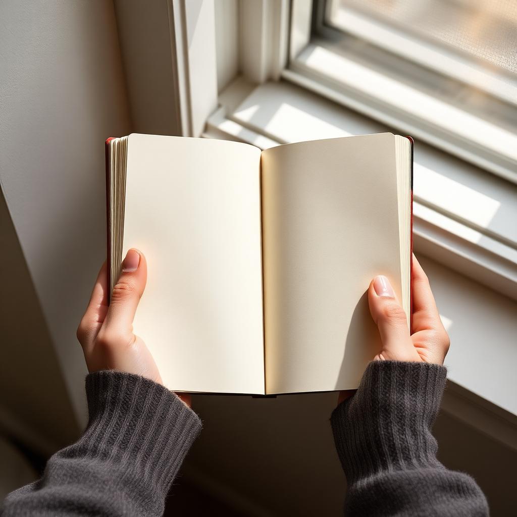 Hands holding an open notebook in soft window light