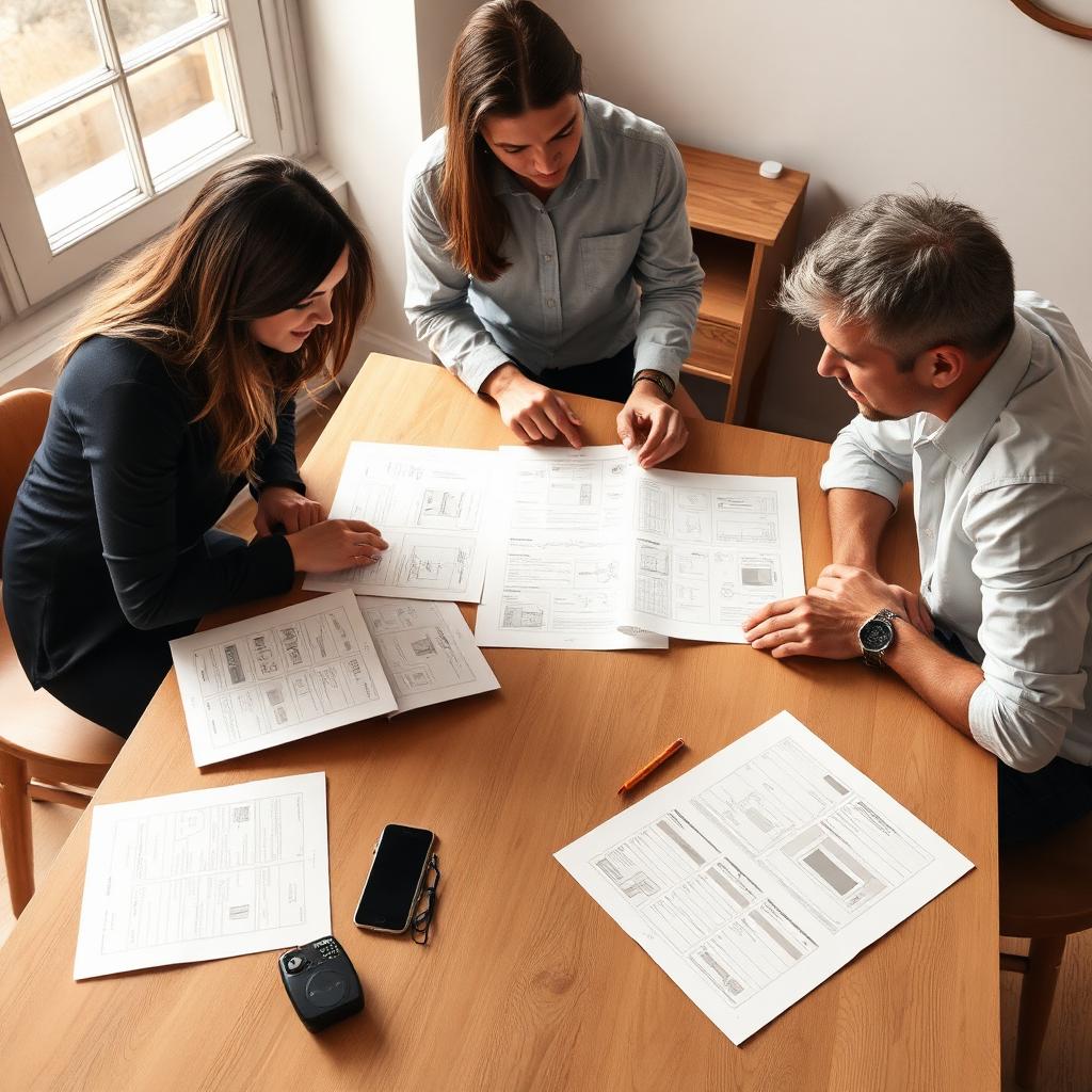 Three people around a table reviewing wireframes